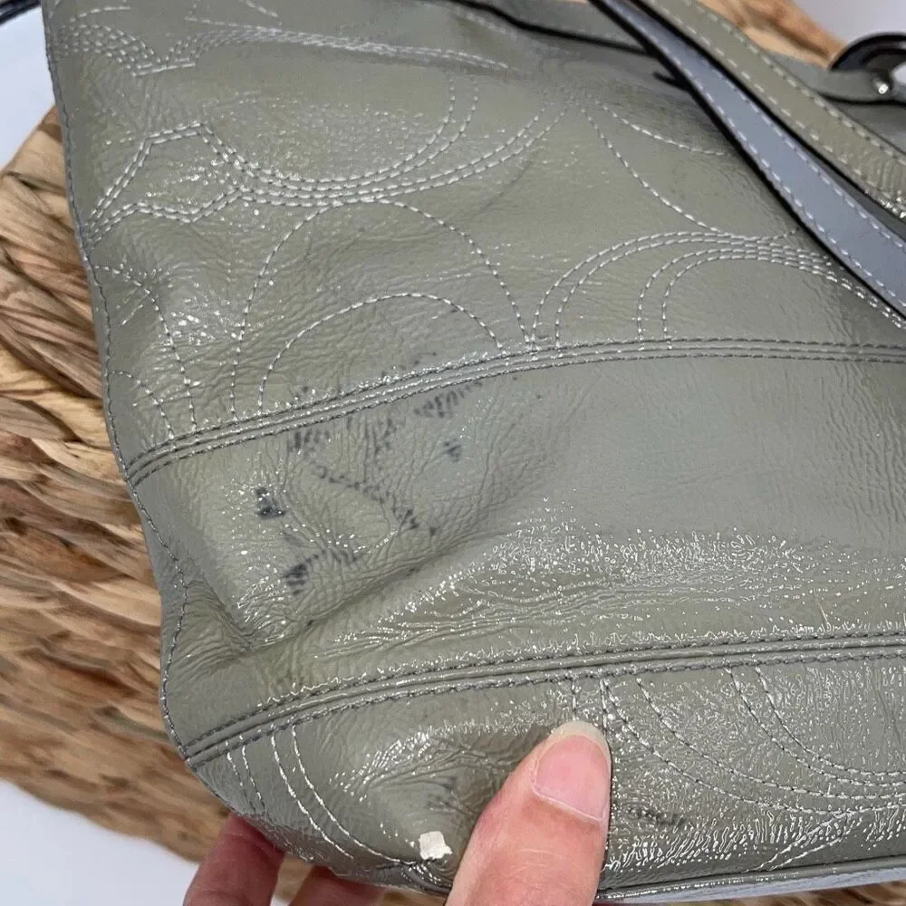 Coach Womens Gross Grain Patent Leather Stitch Tote Shoulder Bag Green Gray Medi